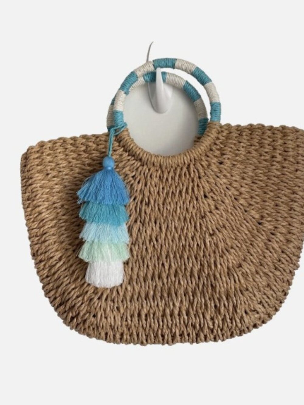 Summer Tote Purse NEW Natural Straw Woven Wrapped Round Handles Long Tussle
